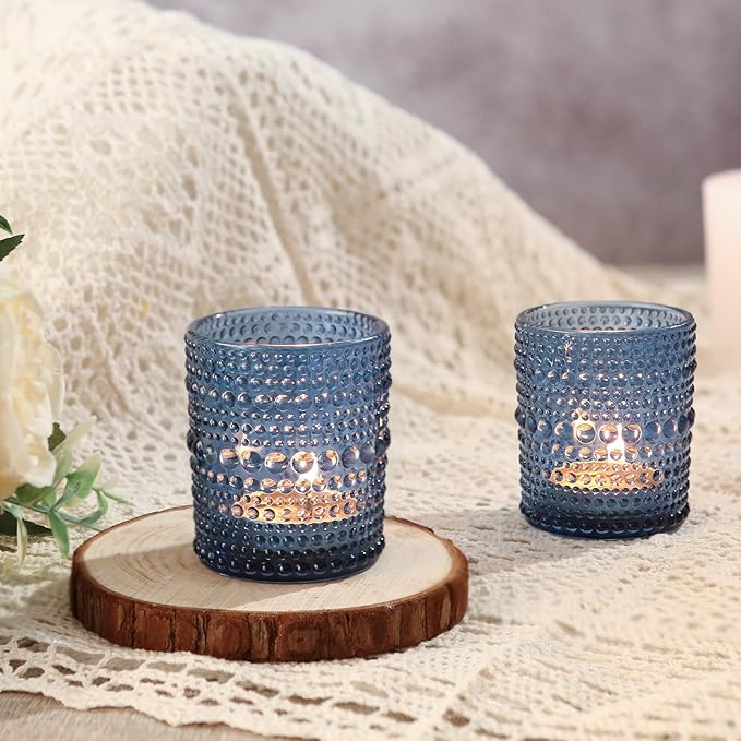 12 Pack Blue Votive Candles Holders - 2x2.5in Vintage Glass Votives Tealight Candle Holders for Table Centerpieces, Tea Light Candle Holder Decor for Wedding Bridal Shower Party