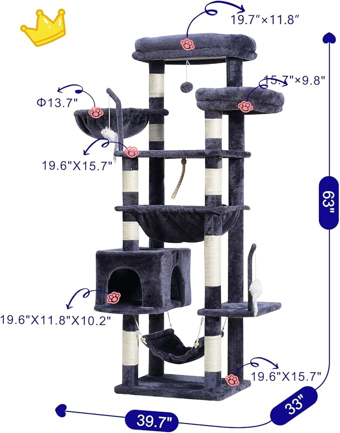 Cat Tree, Cat Tower for Large Cats with 2 Big Platforms, 2 Baskets, condo and Toys, 63" Cat Scratching Posts for Indoor Cats, Smoky Gray GCT020G-Mewly Pet