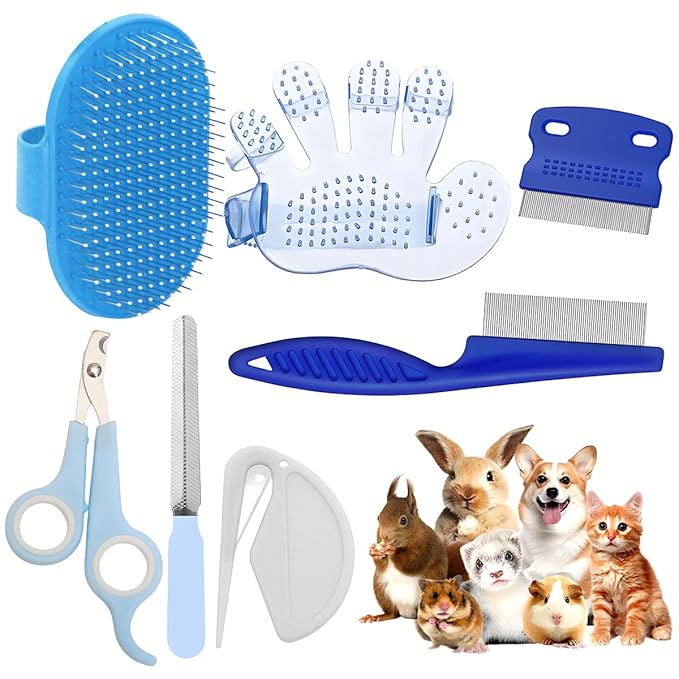 Rabbit Grooming Kit – Bunny Grooming Kit with Shedding Brush, Nail Clippers & Comb – Small Animal Grooming Supplies for Rabbits, Guinea Pigs, Hamsters, Ferrets - Small Pet Shedding & Care (Blue)-Mewly Pet