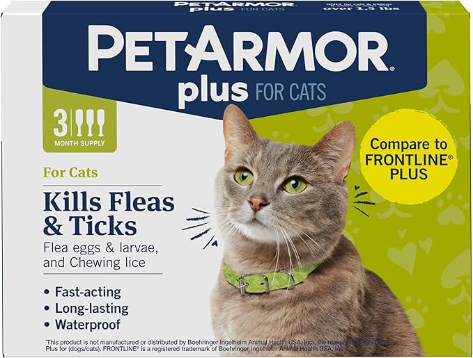 PetArmor Plus Flea and Tick Prevention for Cats, Cat Flea and Tick Treatment, 3 Doses, Waterproof Topical, Fast Acting, Cats Over 1.5 lbs-Mewly Pet