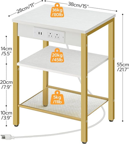 HOOBRO End Tables Set of 2 with Charging Station and USB Ports, 3-Tier Nightstands with Adjustable Shelves, Small Side Tables for Small Space in Living Room, Bedroom, White and Gold DW112BZP201G1