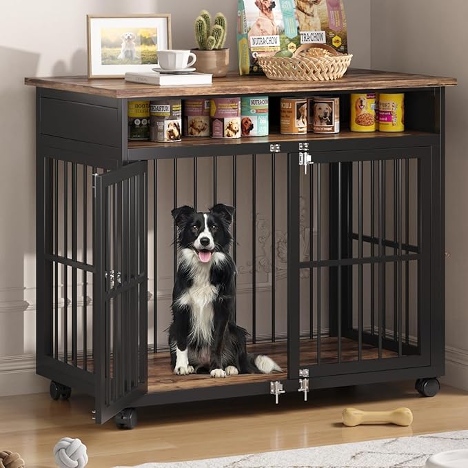 39.4" Dog Crate Furniture for Medium and Large Breed, Dog Kennel Furniture with Storage Shelf & Lockable Wheels, Heavy Duty Wooden End Side Table Pet Cage Indoor, Chew-Resistant, Brown-Mewly Pet