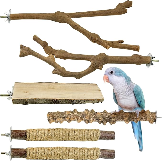 kathson 5pcs Natural Parrot Perch for Cage Wooden Bird Perches Grape Bird Stick Parakeet Climbing Standing Branches Toy Chewable Cage Accessories for Small Budgies Cockatiels-Mewly Pet