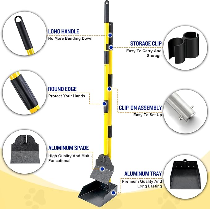 Dog Pooper Scooper,Tray and Spade Set Poop Scooper for Dogs, Adjustable Long Handle Metal Pooper Scooper with Bin for Pet Waste Removal, No Bending Clean Up for Medium and Large Dogs-Mewly Pet