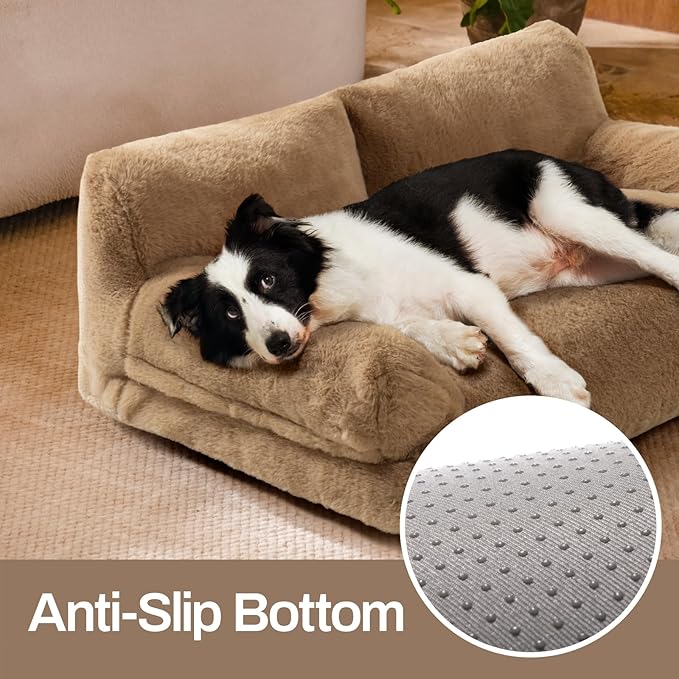 MEWOOFUN Cat Bed for Indoor Cats, Washable Dog Beds for Small Medium Dogs & Cats, Fluffy Cat Couch with Non-Slip Bottom, 26×19×13 Inch (Camel, 33.5" L x 25.6" W x 11.5" Th)-Mewly Pet