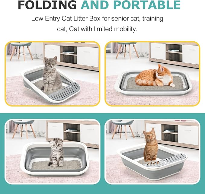 Foldable Cat Litter Box, Large Height-Adjustable Anti-Splash Open Air Kitty Litter Pan, Easy Clean with Scoop (Gray)-Mewly Pet