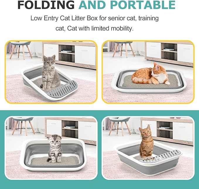 Open Top Cat Litter Box, Large Foldable Kitty Potty with Height-Adjustable Sides and Anti-Splash Design, Easy Clean with Cat Litter Scoop (Gray)-Mewly Pet