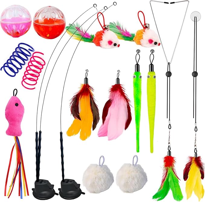 22Pcs 5-in-1 Cat Toys Interactive Cat Toy for Indoor Cats with Sticky Super Suction Cup Detachable Replacements Feathers Balls Mice Spring 3 Wand Hanging Door Kitten Toys-Mewly Pet