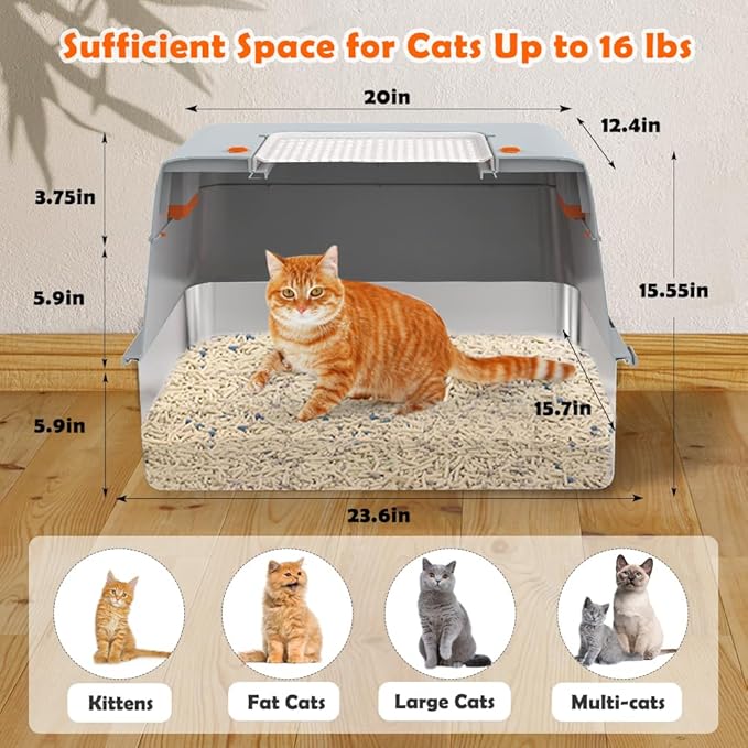 Vivifying Stainless Steel Litter Box with Lid, XL Side Entry Extra Large Litter Box for Big Cats & Kitty, Removable Enclosed Metal Cat Pan with High Sided Enclosure, Scoop, Mat, Footboard (Gray)-Mewly Pet