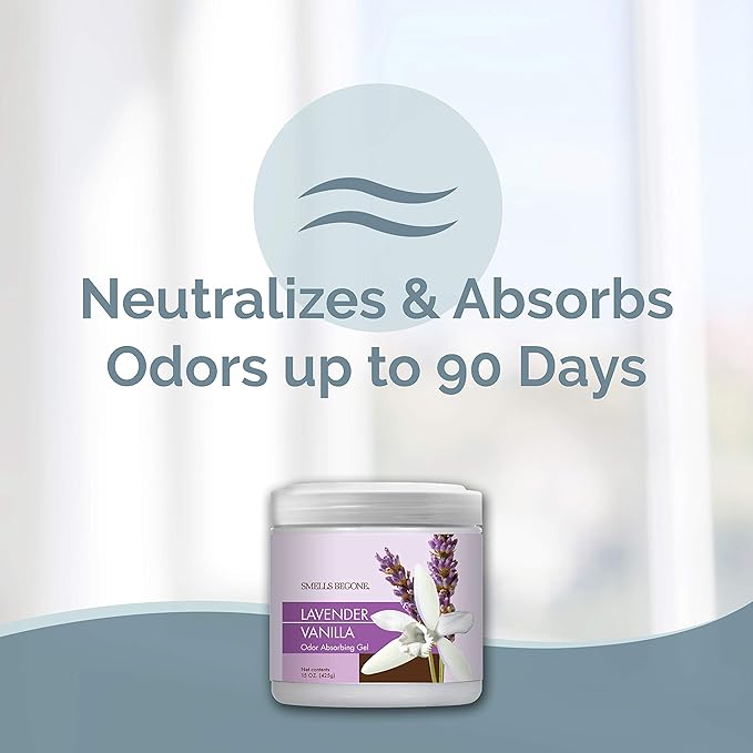 SMELLS BEGONE Air Freshener Odor Absorber Gel - 15 oz, Pack of 2 - Absorbs and Eliminates Odor in Pet Areas, Bathrooms, Cars, & Boats - Made with Essential Oils - Lavender Vanilla Scent-Mewly Pet