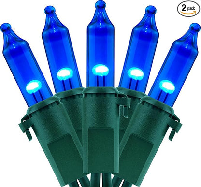 YULETIME 200 Blue Christmas Lights, Pack of 2 Sets 33 Feet 100 Count UL Certified Incandescent-Like LED Mini String Lights (Blue - Green Wire)