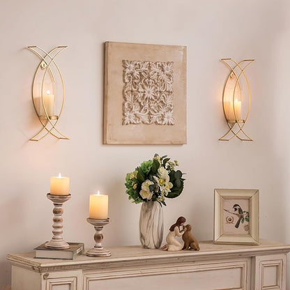 Sconces Wall Decor Set of 2 Hurricane Candle Holder - Modern Decorative Candle Wall Sconce Golden Metal Wall Mount Gold Decorations for Living Room Bedroom Bathroom Hallway Outdoor