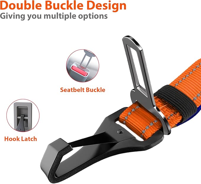 IOKHEIRA Orange Dog Seatbelt - Adjustable Reflective Bungee Harness with Aluminum Swivel Carabiner-Mewly Pet