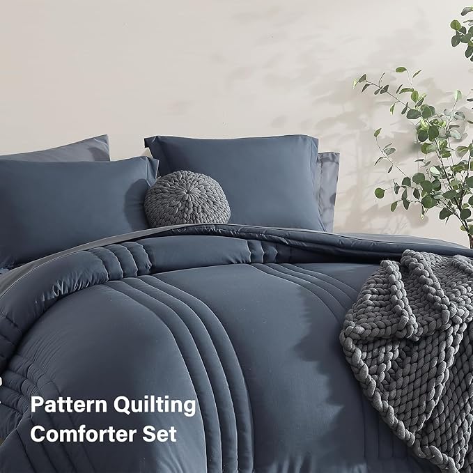 Monbix Twin XL Size Comforter Set - Extra Long 5 Pieces Dorm Bedding Sets, Quilting Design Fluffy Bed in a Bag Twin XL with Sheets, Pillowcase & Sham(Blue Grey)