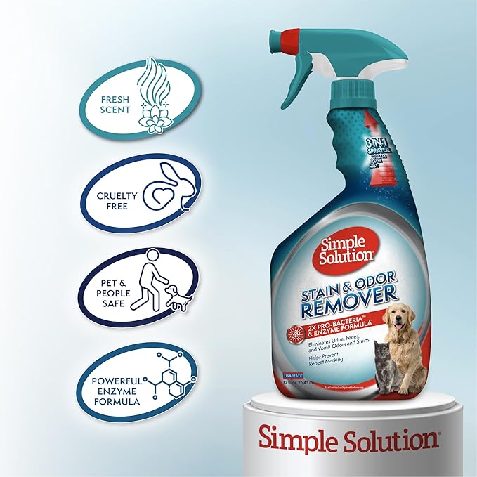 Simple Solution Stain & Odor Eliminator for Pets, Carpet Deodorizer, Enzyme Pet Odor Eliminator for Home, Stain Remover for Cat & Dog Pee, Urine Destroyer, Carpet Cleaner Spray, 32 oz-Mewly Pet