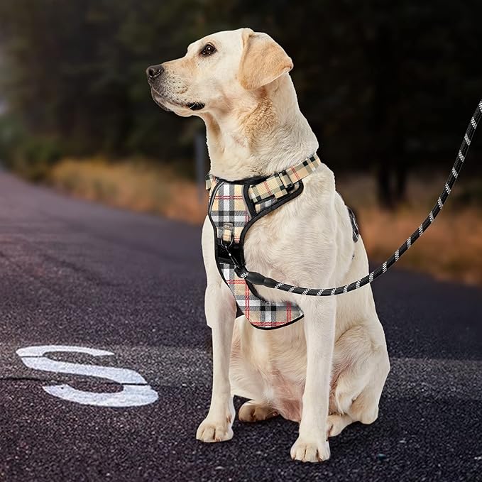 IVY&LANE No Pull Dog Harness with Leash Set, Reflective No Choke Pet Vest,Adjustable Oxford Dog Vest Harness with Easy Control Handle for Large Dogs (Checkered Beige,L)-Mewly Pet