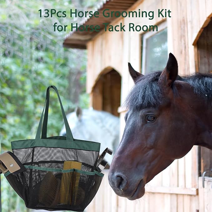 Horse Grooming Kit 13 Piece, Horse Brushes for Grooming Supplies Set with Organizer Bag, Horse Brush & Curry Comb for Effective Cleaning, Gift for Horses Riders Beginners-Mewly Pet