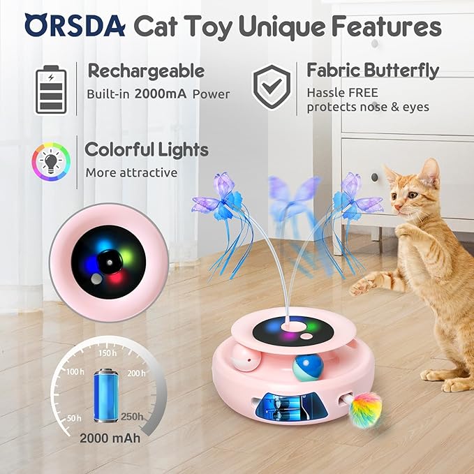 ORSDA Cat Toy, 3-in-1 Automatic Interactive Electronic Moving Ambush Feather, Fluttering Butterfly, Track Balls, USB Rechargeable Powered Smart Indoor Exercise Kicker-Mewly Pet