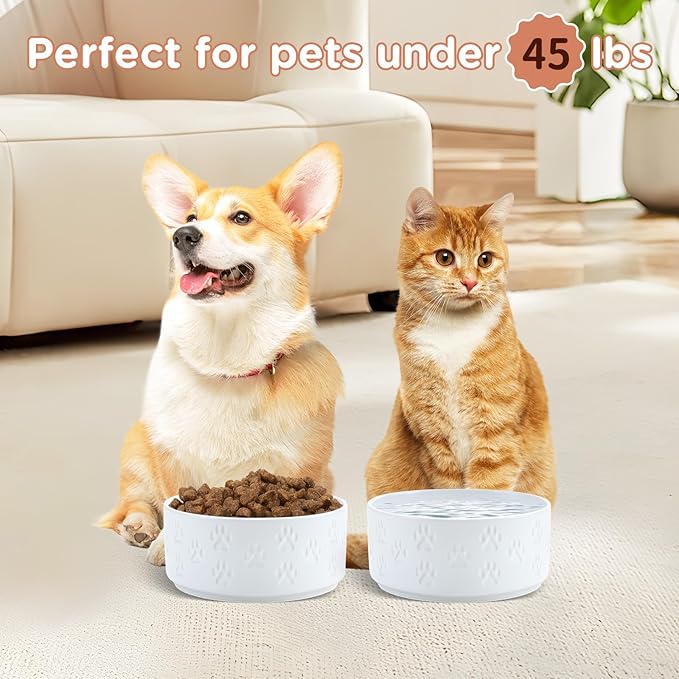 SPUNKYJUNKY Ceramic Dog and Cat Bowls 2 Pack, 6.1'' Dog and Cat Food Water Double Feeding Bowls Non-Slip for Large Sized Breed Microwave Dishwasher Safe - 28.7 OZ, 2pcs, Paw White-Mewly Pet
