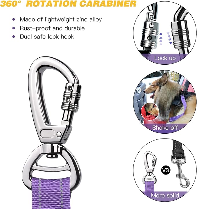 AUBELL Dog Seat Belt for Car,2 Pack Set 3-in-1 Adjustable Reflective Bungee Heavy Duty Dog Car Harness Tether with Clip Hook Latch & Buckle,Swivel Zinc Alloy Carabiner,Black+Purple-Mewly Pet