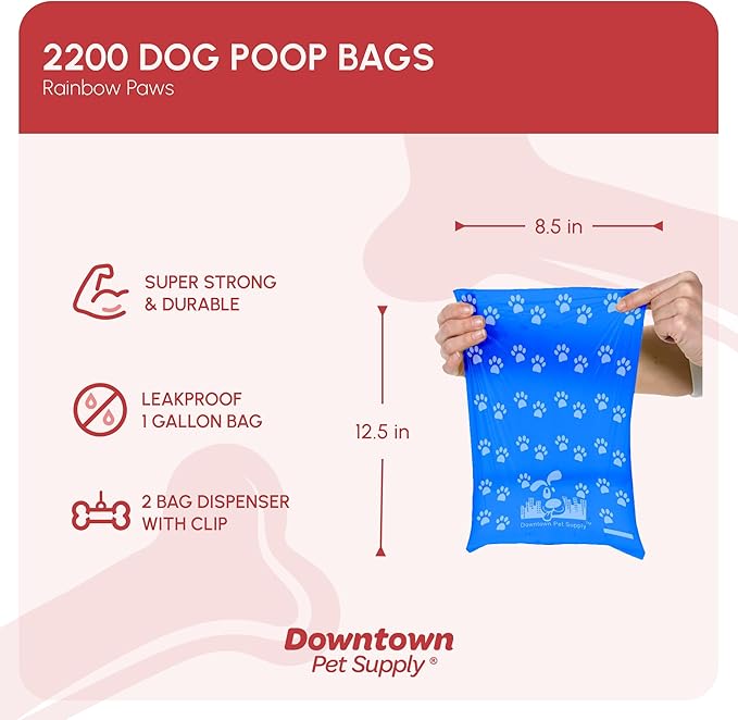 Downtown Pet Supply Rainbow Paw Print Poop Bags (2200 CT & 2 Dispensers) - Leak-Proof, Unscented, Clips to Leashes & Harnesses-Mewly Pet