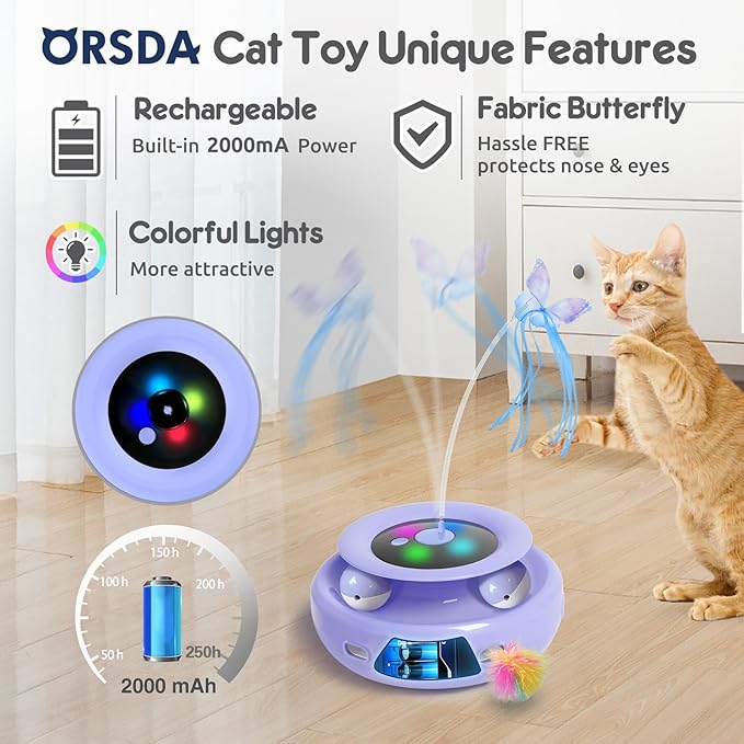 ORSDA Cat Toy, 3-in-1 Automatic Interactive Electronic Moving Ambush Feather, Fluttering Butterfly, Track Balls, USB Rechargeable Powered Smart Indoor Exercise Kicker-Mewly Pet