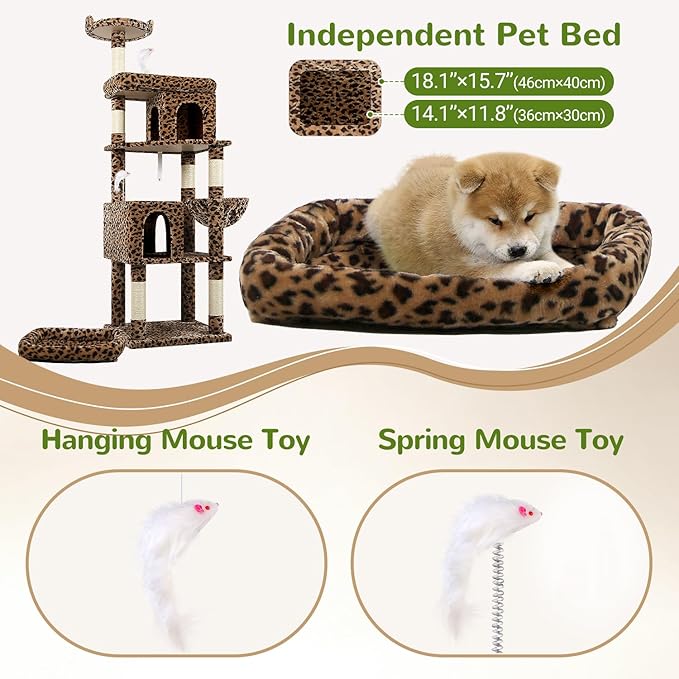 Globlazer Heavy Duty Cat Trees for Large Cats, Sturdy 72in Maine Coon Cat Tree for Large Cat 20 lbs+ Heavy Duty Cat Tower for Adult Biggest Cats with 6 Scratching Posts, Hammock, S72, Leopard Print-Mewly Pet