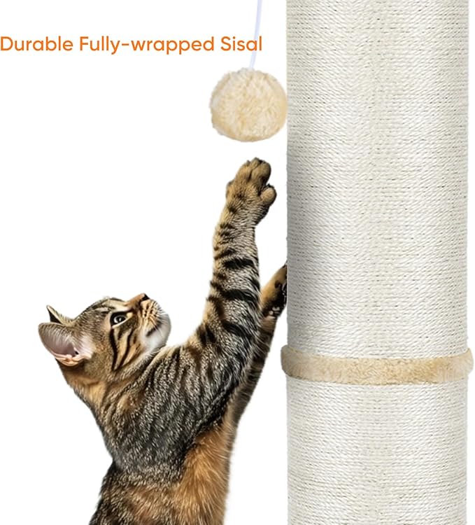 PAWSCRAT Cat Scratching Post 32" Tall, Large Diameter Natural Sisal Cat Scratch Post with Dangling Ball, Scratch-Resistant and Durable Tall Cat Scratcher for Indoor Cats, Protect Your Furniture, Beige-Mewly Pet