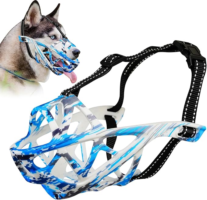 Dog Muzzle for Large Dogs, Breathable Basket Muzzles for Small, Medium and X-Large Aggressive Dog, Allows Panting Drinking, Suitable for Grooming Trimming Training (Camouflage Blue, L)-Mewly Pet