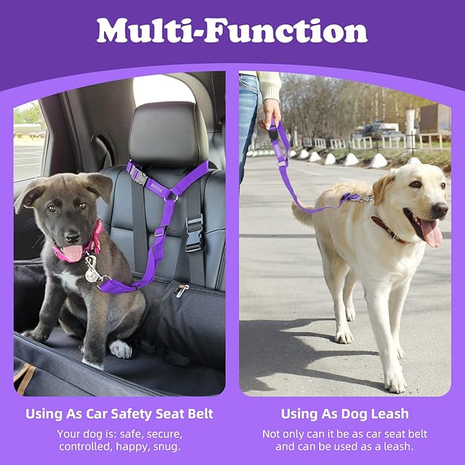 BWOGUE 2 Packs Dog Cat Safety Seat Belt Strap Car Headrest Restraint Adjustable Nylon Fabric Dog Restraints Vehicle Seatbelts Harness Purple-Mewly Pet
