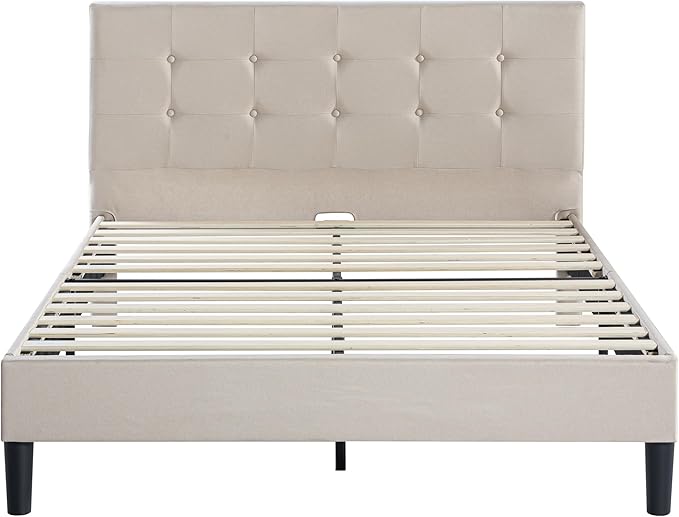 ZINUS Ibidun Upholstered Platform Bed Frame, Mattress Foundation, Wood Slat Support, No Box Spring Needed, Eco Friendly WonderBox (TM), Easy Assembly, Soft Beige, Queen