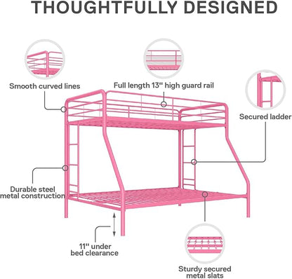 DHP Dusty Metal Bunk Bed Frame, Twin-Over-Full for Kids, Teens, Adults, Angled Ladder, Guardrail, No Boxspring, Small Spaces, Pink