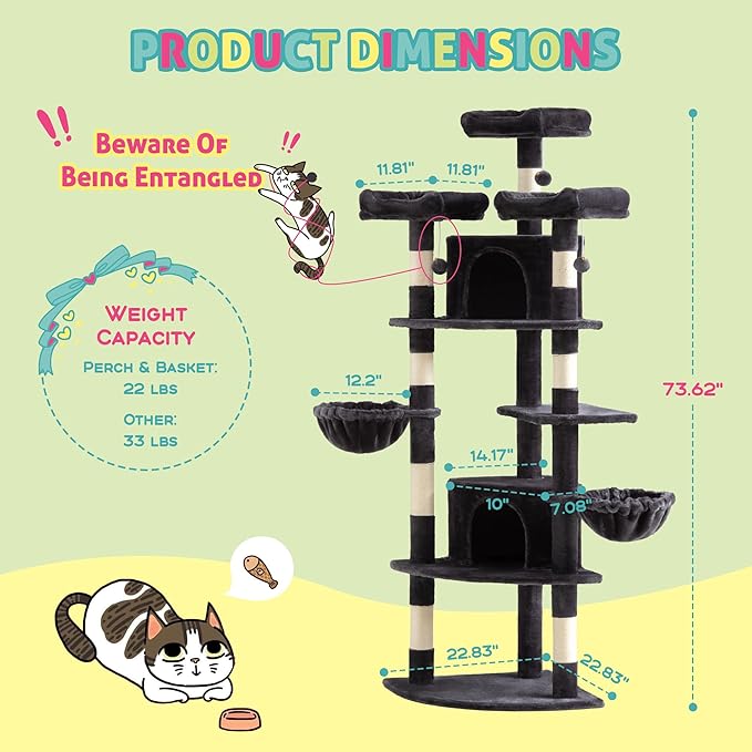 SHA CERLIN 73in Fan-Shaped Corner Cat Tower for Save Space/Multi-Level Tall Cat Tree for Indoor Kitties/Condo with Baskets/Cozy Perches/Sisal Scratching Posts/Pet Activity House/Dark Grey-Mewly Pet