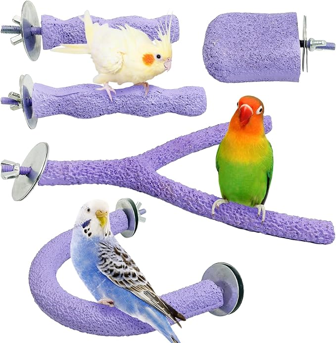 PINVNBY 5 Pack Bird Perch Resin Bird Beak Grinding Stone Parrot Cage Perch Stand Platform Foot Claws Trimmer Chew Toy Bird Cage Accessories for Budgie Cockatiel Conure Lovebird Finch (Purple)-Mewly Pet