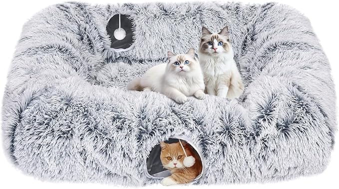 Extra Large Cat Tunnel Bed, 4 Ways Tunnels for Indoor Cats, Multi-cat Family Peekaboo Cave & Cat Bed, Plush Cat Donut with Washable Middle Mat, Exit Balls, Pet Play Toy for Kitten Puppy Rabbit-Mewly Pet