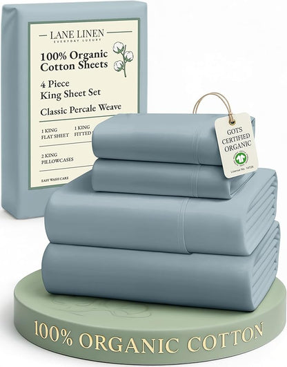 LANE LINEN 100% Organic Cotton Bed Sheets King Size, Soft & Comfy Fully Elasticized Percale Bedding Sheets & Pillowcase Set, Low Pilling Machine Washable All Season King Sheet- French Blue