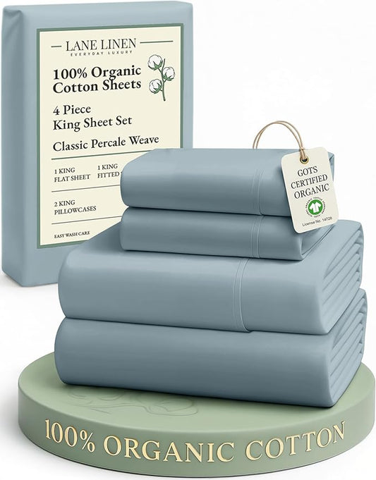 LANE LINEN 100% Organic Cotton Bed Sheets King Size, Soft & Comfy Fully Elasticized Percale Bedding Sheets & Pillowcase Set, Low Pilling Machine Washable All Season King Sheet- French Blue