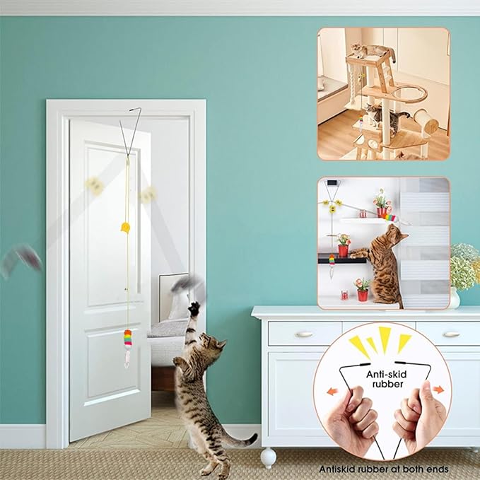 GUCHO Cat Toys for Indoor Toys,Rainbow Cat Wand Toys,Feather Flips Plush Ball Cat Toys,Interactive Real Feather Cat Toy for Teaser Play and Chase Exercise with Kitten 4 Pack-Mewly Pet