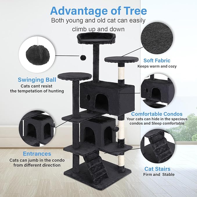 FDW Cat Tree 54in Cat Tower Multi-Level Durable Cat Scratching Post & Cozy Fun Cat Jumping Platform Space Saving Cat Condo Pet Play House for Indoor Cats,Dark Gray-Mewly Pet