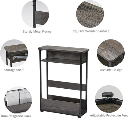Narrow Side Table,3-Tier Slim End Table with Storage Shelf,Modern Sofa Table Thin Side Table for Narrow and Small Spaces, Skinny Bedside Table Small Nightstand with Magazine Rack Space Saving/Grey