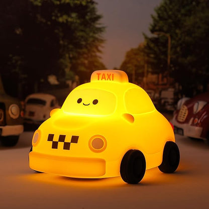Car Night Light for Kids - 2-in-1 Dimmer & Timer, Rechargeable Squishy Silicone Baby Lamp, Cute Taxi Car Nightlight for Boys Girls Birthday Xmas Gifts Bedroom Decor Lamp