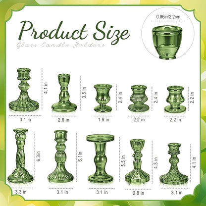 Mumufy 10 Pcs Glass Crystal Taper Candle Holders Clear Glass Candlestick Holder Fit 0.8 Inch Candles Crystal Decorative Candle Stand Centerpiece Table Wedding Dining Party (Classic,Green)