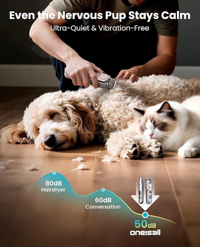 oneisall Dog Clippers for Grooming Thick/Heavy Coats, 4-in-1 Dog Grooming Kit Low Noise with Stainless Steel Blade, Cordless Dogs Paw Trimmer Pet Nail Grinder for Small & Large Dogs Cats Animals-Mewly Pet