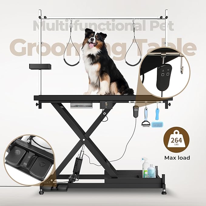 Electric Pet Grooming Table for Large Dogs - Professional Heavy Duty Height Adjustable Pet Grooming Station with Anti Slip Tabletop, Two Nooses & Tool Organizer, Maximum Capacity Up to 250 lbs Black-Mewly Pet
