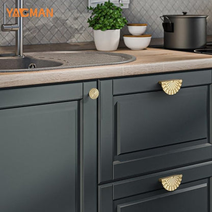 Brushed Gold Cabinet Pulls 10 Pack 3 Inch Modern Drawer Handles Kitchen Cupboard Half Moon Bathroom Dresser Sunflower Cup Flat Pull SH-BG76-10