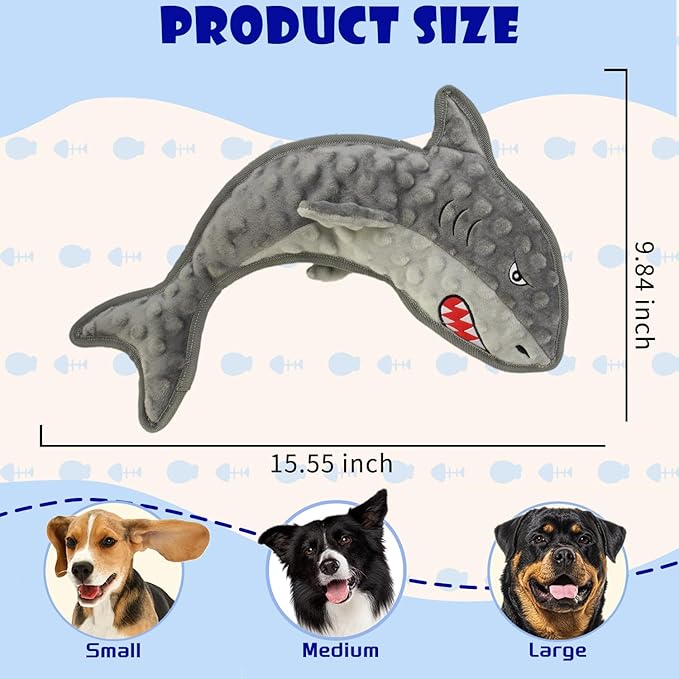 Dog Toy Squeaky Chew Dog Toys No PP-Cotton,no Stuffed for Small, Medium, Large Breed Dogs Interactive Hours of Fun,Gray-Shark-Mewly Pet
