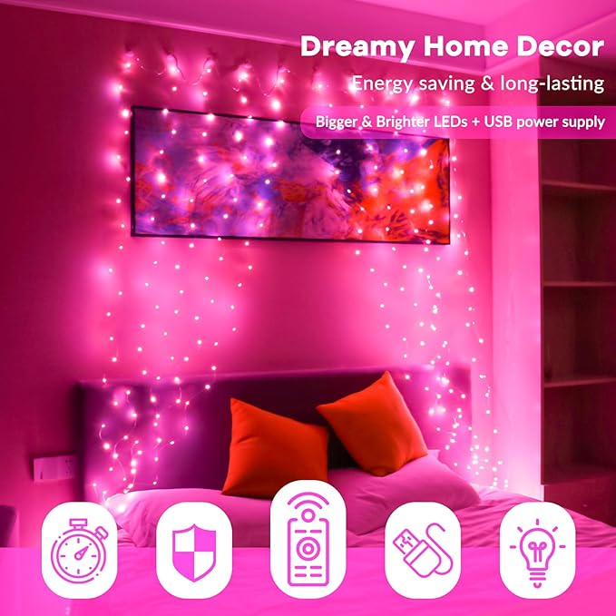 HXWEIYE 300LED Fairy Curtain Lights, 9.8x9.8Ft USB Plug-in 8 Modes Christmas String Hanging Lights with Remote for Bedroom Backdrop Wedding Party Indoor Wall Decor, Pink, Standard
