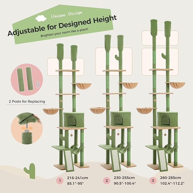 PAWZ Road Cactus Cat Tree Floor to Ceiling Cat Tower with Adjustable Height(85-112 Inches), 7 Tiers Climbing Activity Center with Cozy Hammocks, 5 Platforms and Scratching Posts for Indoor Cats-Mewly Pet