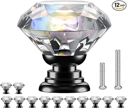 POZEAN Crystal Cabinet Knobs 12Pack, 1.18inch Dresser Knobs for Cabinet, Drawer with Two Different Sizes Screws, Diamond Glass Pulls Handles (30mm, 12Pack, Clear-Black)