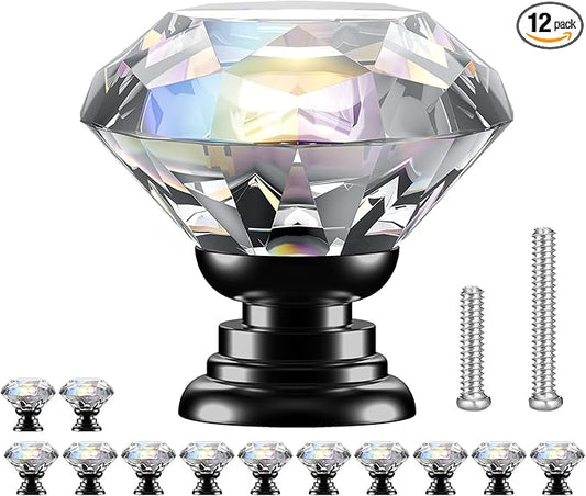 POZEAN Crystal Cabinet Knobs 12Pack, 1.18inch Dresser Knobs for Cabinet, Drawer with Two Different Sizes Screws, Diamond Glass Pulls Handles (30mm, 12Pack, Clear-Black)